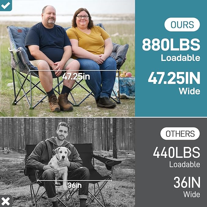 EVER ADVANCED Extra Large Double Camping Chair for Adults, Family Size Padded Folding Camping Love Seat Bench with Side Pocket Portable Camping Couch, Two Person Heavy Duty Folding Outdoor Chair