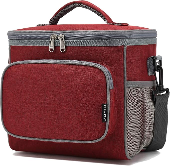 FlowFly Insulated Reusable Lunch Bag Adult Large Lunch Box for Women and Men with Adjustable Shoulder Strap,Front Zipper Pocket and Dual Large Mesh Side Pockets,Red