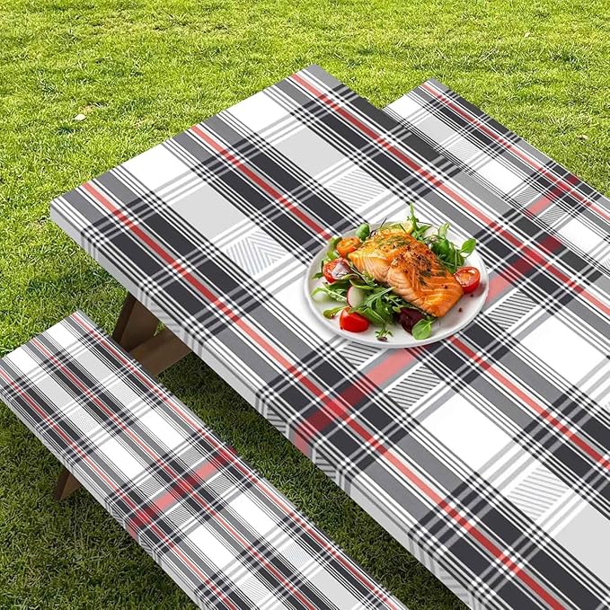 CAPSCEOLL Elastic Picnic Table Cover with Bench Covers 5Ft Waterproof Fitted Picnic Table Cover Cloths for Outdoors Camping Tablecloth with Drawstring Bag, 60X30in, Grey Red