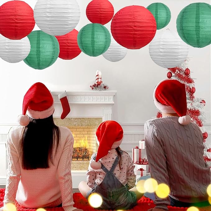 BEISHIDA 12Pcs Red Green White Paper Lanterns Decorative Hanging Round Paper Lanterns Lamp for Christmas，Birthday, Wedding,Bridal,Home Decor,Outdoor Decoration,Party Decoration