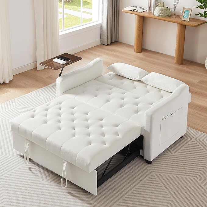 3-in-1 Convertible Sleeper Sofa Bed, Pullout Couch with 360° Swivel Side Table, Modern Chenille Fabric, Easy to Assemble, Folding Loveseat Sofa Bed for Living Room & Guest Room