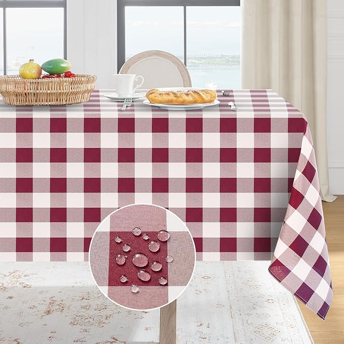 Softalker Gingham Checkered Rectangle Tablecloth - Waterproof Buffalo Plaid Table Cloth Stain Resistant Washable Table Cover for Picnic/Camping/Outdoor - Burgundy and White, 54 x 108 Inch