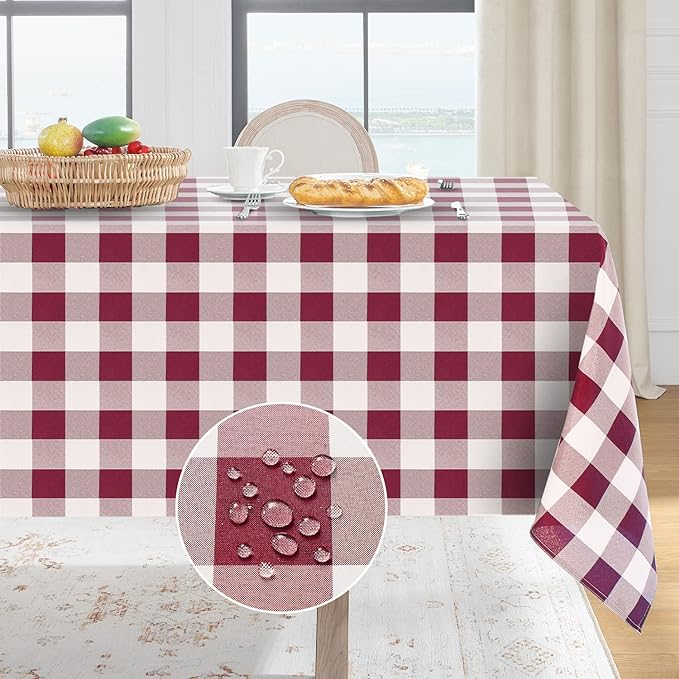 Softalker Gingham Checkered Rectangle Tablecloth - Waterproof Buffalo Plaid Table Cloth Stain Resistant Washable Table Cover for Picnic/Camping/Outdoor - Burgundy and White, 54 x 78 Inch