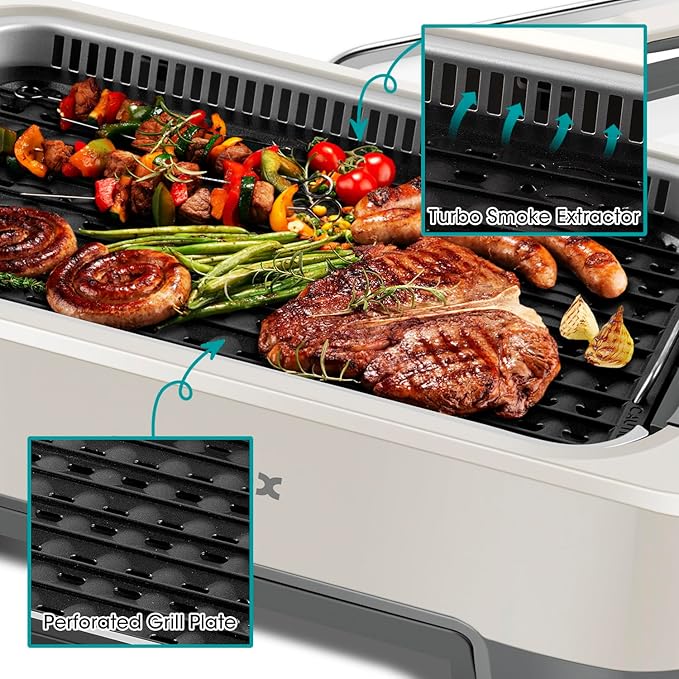Smokeless Indoor Grill, CUSIMAX Electric Grill, 1500W Korean BBQ Grill with LED Smart Display & Tempered Glass Lid, Non-stick Removable Grill Plate, Turbo Smoke Extractor, White New Model