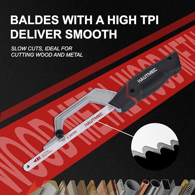 HAUTMEC Mini Hacksaw, 10" Compact Hacksaw with Cutting Guide Design, Tool-Free Blade Change, Compatible with 10"/12" Blades, Lightweight Hack Saw for Metal, PVC & Wood Cutting – HT0426