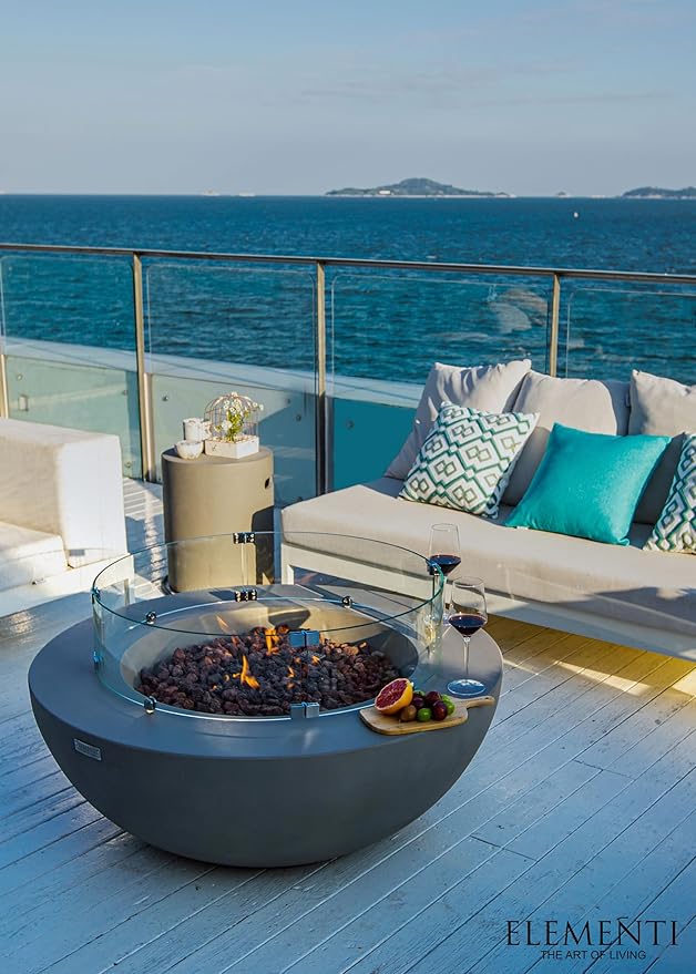 Elementi | Bundle Lunar Gas Fire Pit Cast Concrete 42" Round Fire Table, Outdoor Fire Pit Electronic Ignition | Canvas Cover, Lava Rock Included | Light Gray (Propane Gas)