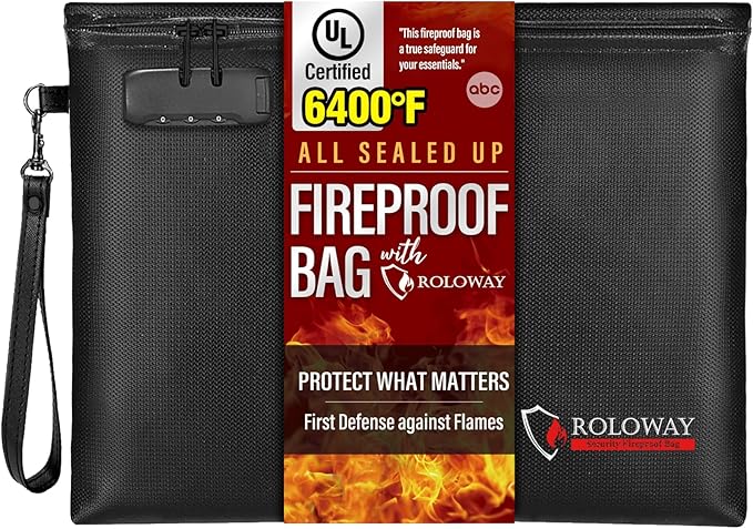 ROLOWAY Fireproof Document Bag (14.5 x 11.5 inch), 6400℉ Fireproof Money Bag with Zipper for Cash, Fire Safe Money Pouch with Lock (Black)