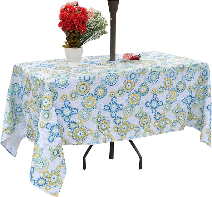 Poise3EHome 60X120 Outdoor/Indoor Waterproof Spillproof Rectangle Tablecloth with Umbrella Hole for Camping, Picnic, Afternoon Tea, BBQ, Floral