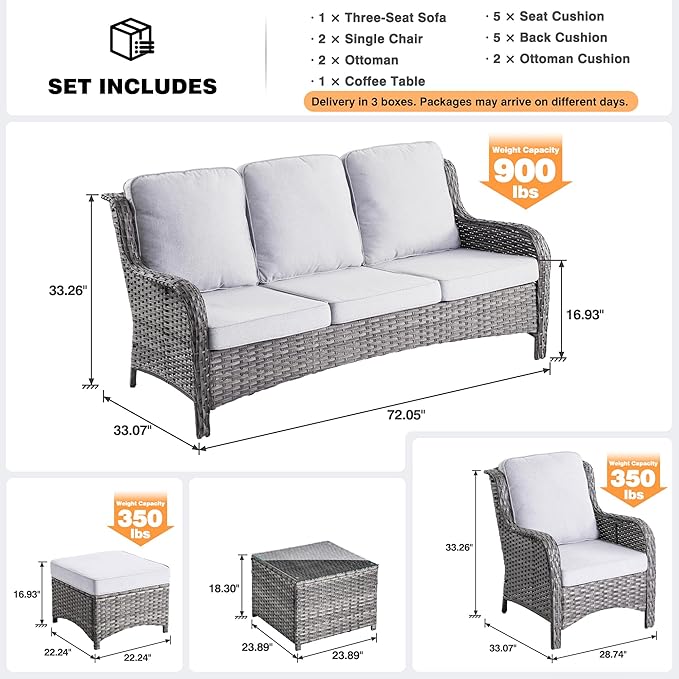 ovios 6 Pieces Patio Furniture Set, Outdoor Wicker Sofas with Glass Coffee Table and Comfy Cushions, All Weather High Back Couch Set for Deck Porch, Grey Rattan, Grey