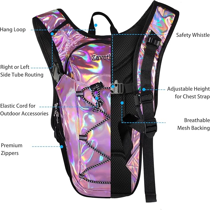 Reflective Hydration Backpack, Hydration Pack - Water Backpack with 2L/3L Hydration Bladder, Essential for Festivals - Rave Hydration Pack for Hiking, Running, Cycling, and Festivals
