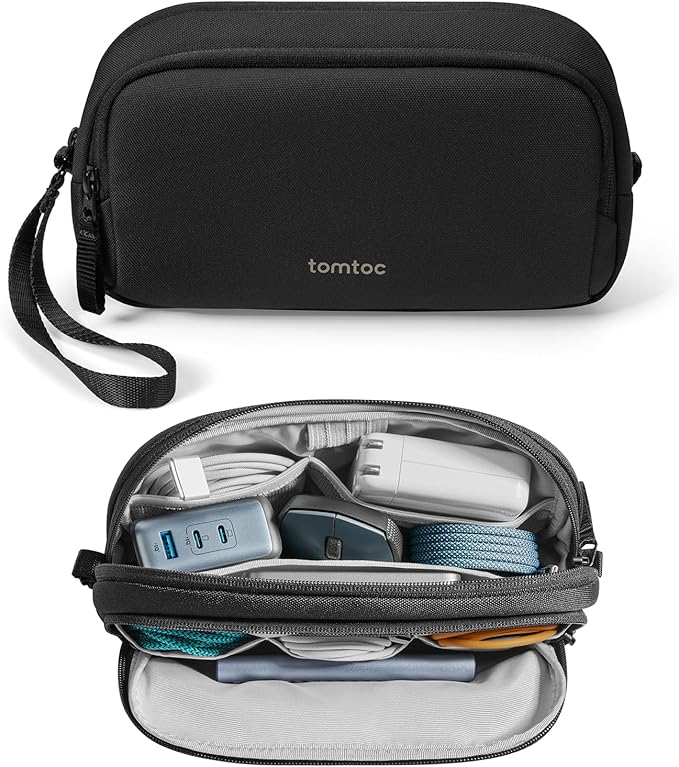 tomtoc Electronic Organizer Travel Case, Water Resistant Dual Compartment Tech Pouch Cable Organization Storage Bag for Charger, Cord, Phone, Hard Drive, Power Bank, Accessories Travel Essentials