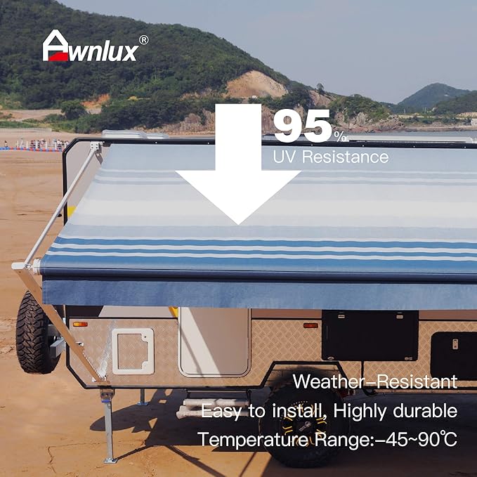 AWNLUX RV Awning Fabric Replacement Waterproof Vinyl Shade Screen for Awnings Camping Universal Fit Fabric Sun Shade UV Sun Blocker Canopy RV Awning Shade Shelter Blue Strip-18'(Fabric 17'2")