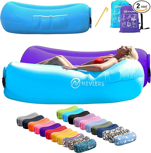 Nevlers 2 Pack Inflatable Loungers Air Sofa Couch | Perfect for Beach Chair Camping Chairs or Portable Hammock |Travel Bag Pouch, Pegs & 3 Pockets| Movie Seating & Camping Accessories Blow Up Lounger