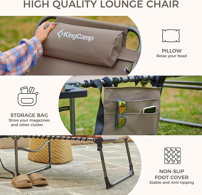 KingCamp Folding Chaise Lounge Chair for Outside Beach, Sunbathing, Patio, Pool, Lawn, Deck, Lay Flat Camping Reclining Lounge Chair with Pillow & Side Table （1 Pack, Beige）