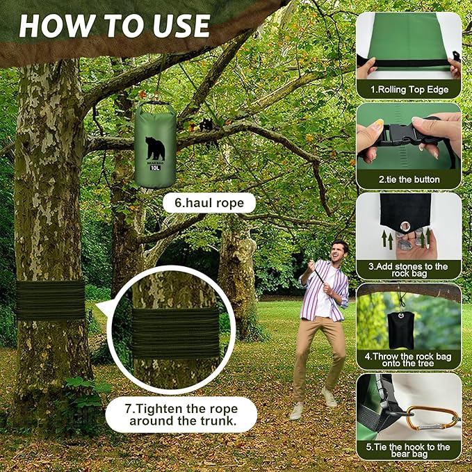 2 Pcs 10L Waterproof Bear Bags with 4 Nylon Ropes, 4 Clips & 2 Rock Pockets & 2 Small Warning Bells for Hanging Food securely. Ultralight Camping Food Bag System.