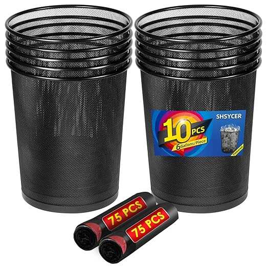 10-Pack 6 Gal Mesh Office Trash Can with 150Pcs Garbage Bags, Black Mesh Trash Cans, Open Metal Wire Wastebaskets, Waste Basket Trash Can for Near Desk, Recycling Garbage Container Bin