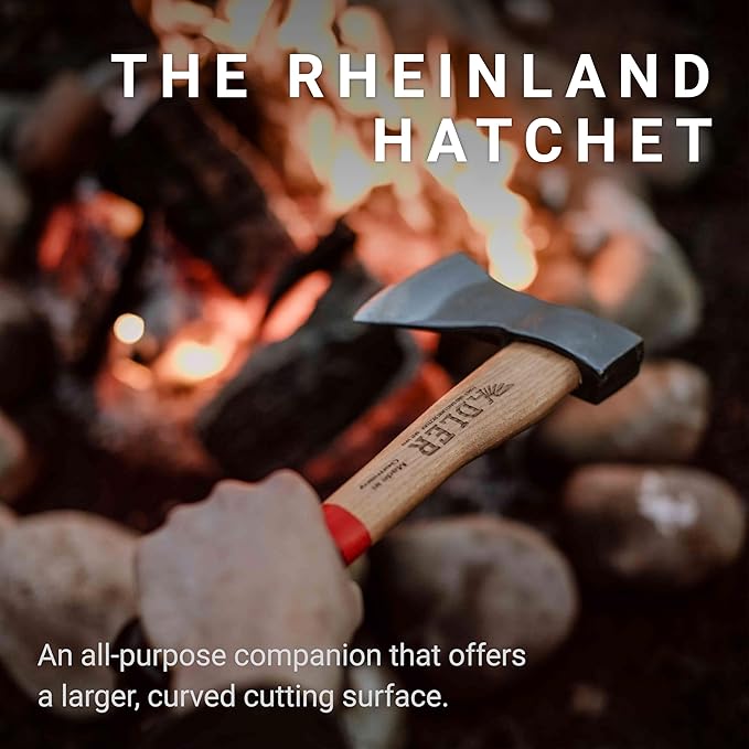 The Rheinland, 14", German Forged, All-Purpose Wilderness Camping Hatchet, Kindling Splitting & Branch Limbing, Anti-Slip Wood Handle (Red Stripe)