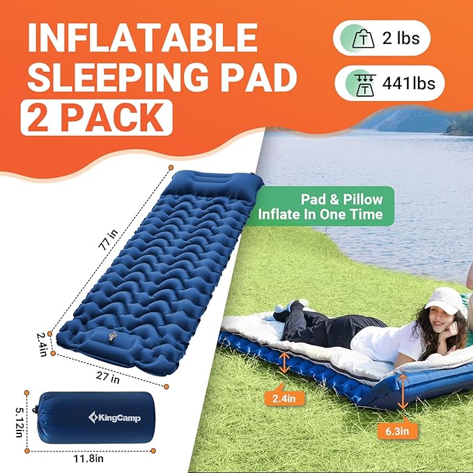 KingCamp Sleeping Pad for Camping, Ultralight Connectable Inflatable Sleeping Pad Camping Mattress with 6.3" Built-in Pillow & Foot Pump for Backpacking Hiking Tent Cot