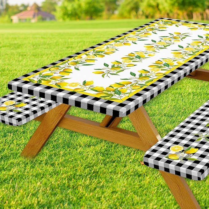 Picnic Table Cover with Bench Covers, Lemon & Black-White Gingham , Elastic Edges, Waterproof Windproof Fitted, for Outdoor Camping Patio Garden, with Drawstring Bag, 96 in
