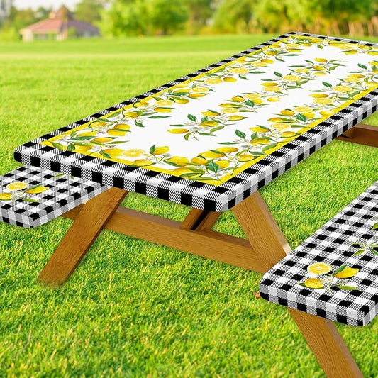 Picnic Table Cover with Bench Covers, Lemon & Black-White Gingham , Elastic Edges, Waterproof Windproof Fitted, for Outdoor Camping Patio Garden, with Drawstring Bag, 60 in