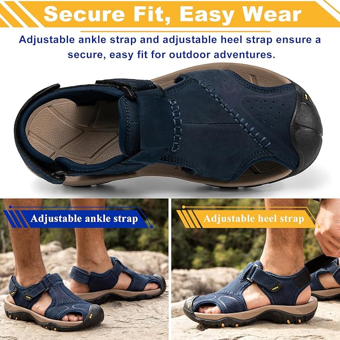 Men's Sport Sandals Closed Toe Leather Hiking Athletic Walking Outdoor Beach Trail River Fishing Water Shoes Lightweight Comfortable Waterproof