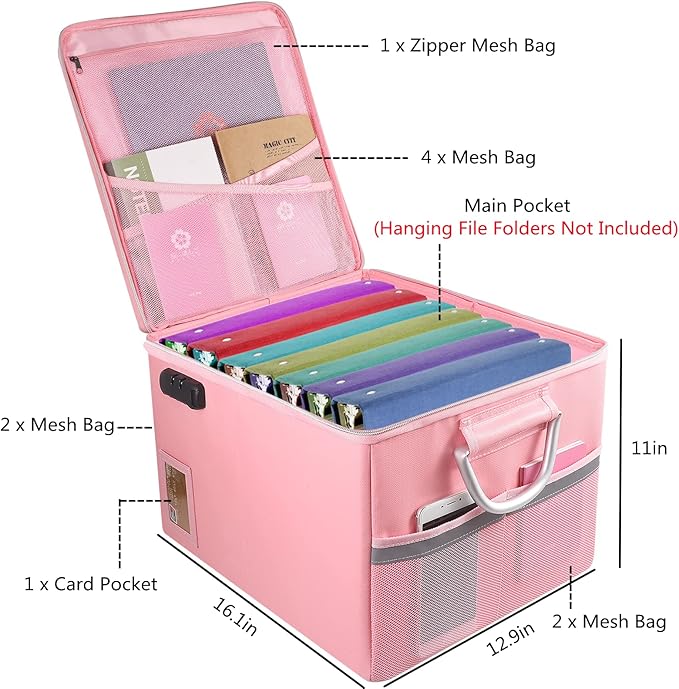Fireproof Document Box, Fireproof Organizer Safe Box with Lock, Portable Office Storage Cabinet for Hanging Letter/Legal Folder 16.1 x 12.9 x 11in(Pink)
