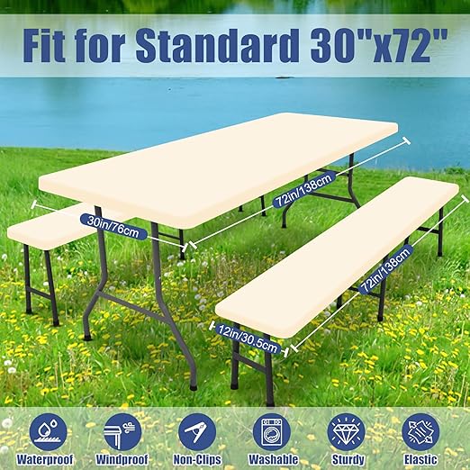 Picnic Table Cover with Bench Covers, Elastic Fitted Spandex Tablecloths for 6 Foot Rectangle Tables, Stretch Washable Patio Tablecloth for Outdoor, Camping (Beige, 30"x72")