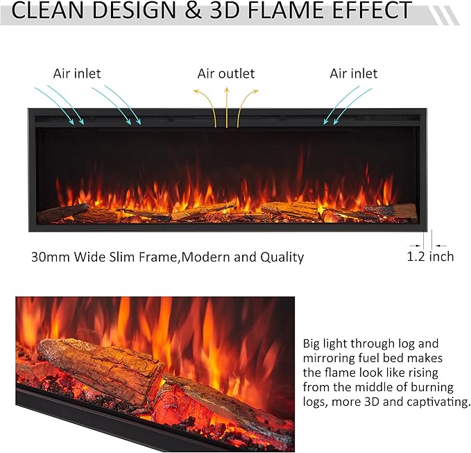 LegendFlame 60" W Smart Wall Mount & in Wall Recessed Electric Fireplace Insert, Heater 750W/1500W, Multi Colors of Flame & Fuel Bed, Alexa/Google Assistant Enabled