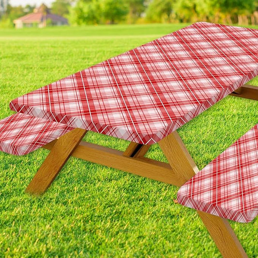 DYNH 3 Pcs Picnic Table Cover with Bench Covers, Waterproof Reusable Elastic Fitted Rectangle Picnic Table Cloths,30x60IN Red Plaid Picnic Tablecloth for Camping Patio Travel Outdoor,2