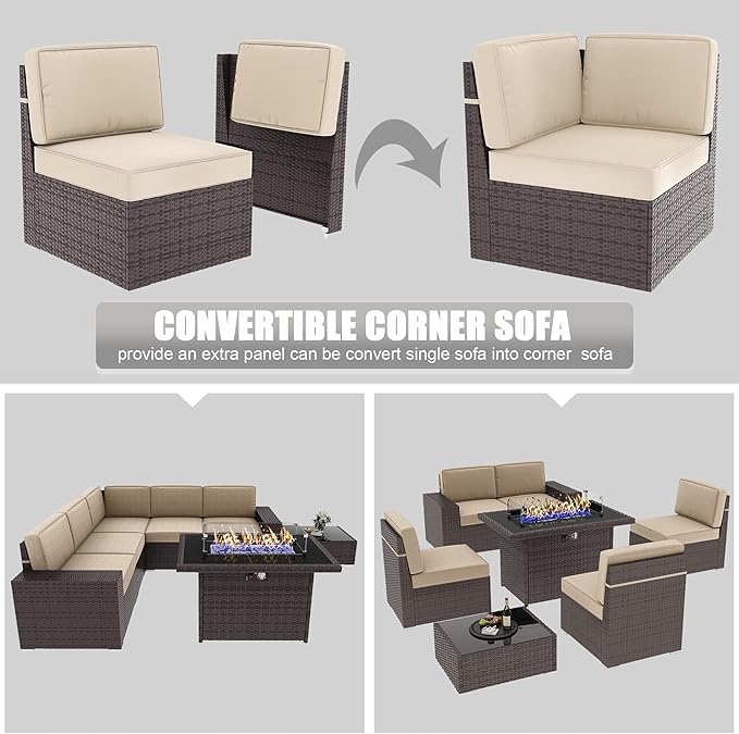 LayinSun 7 Pieces Outdoor Patio Furniture Set with 44" Fire Pit Table Brown Rattan Sectional Sofa Conversation Sets