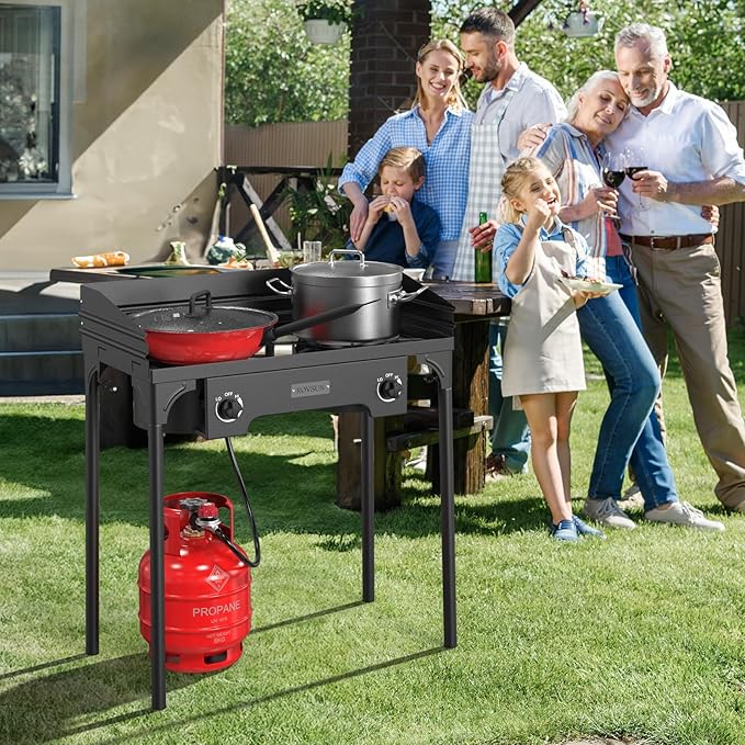 ROVSUN 2 Burner Outdoor Propane Gas Stove with Regulator, Windpanel & Carrying Bag, 150,000 BTU Powerful Stand Cooker for Backyard Cooking Camping Home Brewing Canning Turkey Frying