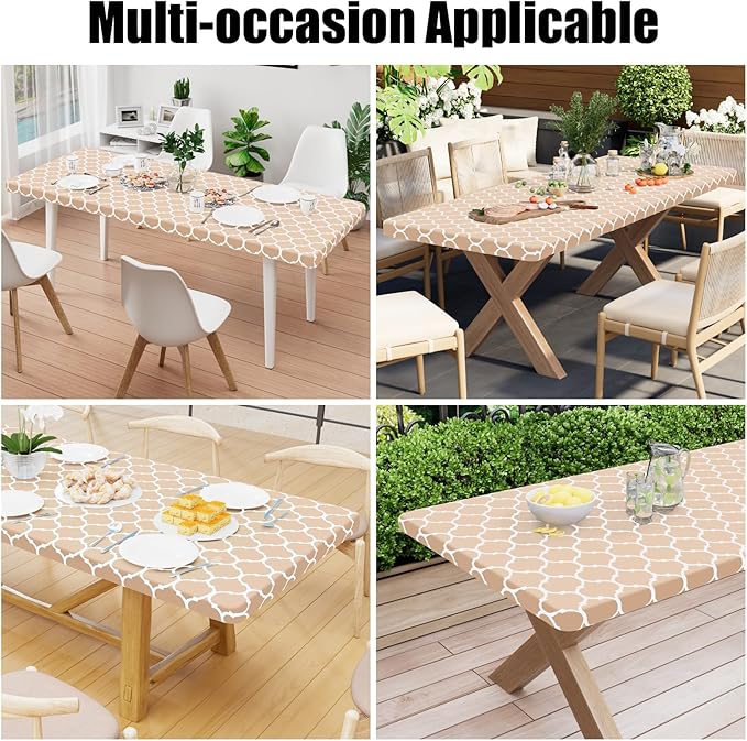 Smiry Rectangle Picnic Table Cover, Waterproof Elastic Fitted Camping Tablecloths for 4 Foot Tables, Wipeable Flannel Backed Vinyl Tablecloth Protector for Indoor, Outdoor (Khaki, 24x48 Inches)