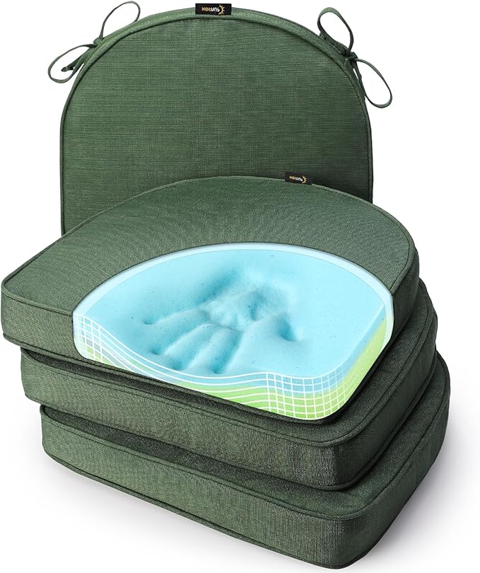 SUNROX Gel Memory Foam Chair Cushions, FadeShield Water-, Stain-Resistant Durable Reversible Seat Cushion Pads with Ties for Indoor/Outdoor Kitchen Dining Office, 19"x19", Set of 4, Heather Fern