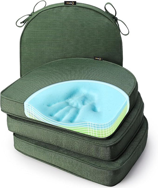 SUNROX Gel Memory Foam Chair Cushions, FadeShield Water-, Stain-Resistant Durable Reversible Seat Cushion Pads with Ties for Indoor/Outdoor Kitchen Dining Office, 19"x19", Set of 4, Heather Fern