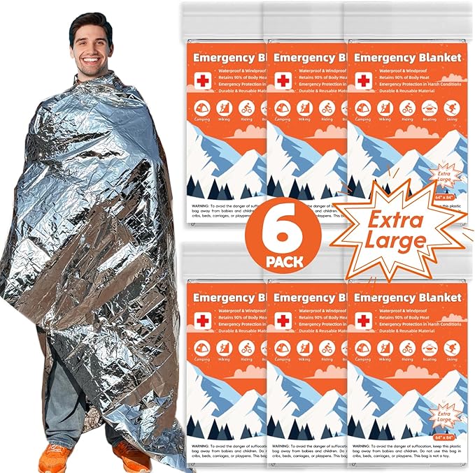 6 Pack Emergency Thermal Blanket Survival, 84” x 64” Extra Large Mylar Blankets for Outdoor, Space Blanket, Silver Foil for Survival, Survival Kit Camping Blankets, Body Warmer, Hiking