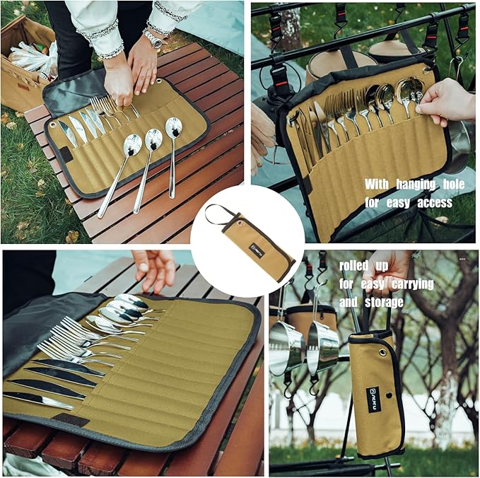 2pcs Camping Utensil Bag, Knife Roll Bag,Portable Knives Pouch,Canvas Roll Up Culinary Tableware Storage,Picnic Cutlery Organizer Bag,Cooking Utensils Hanging Bag,Travel Cutlery Pouch