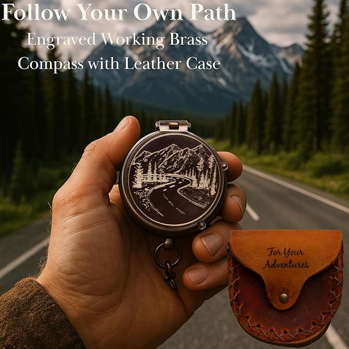 Engraved Compass Gift for Men – Vintage Brass Pocket Compass for Hiking, Adventure, and Travel – Antique Finish with Leather Case – Moon & Stars, or Road Design – Gift for Dad, Husband, or Son
