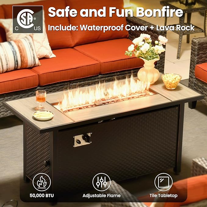 ovios 7 Pieces Patio Furniture Set with 54" Fire Pit Table, Outdoor Wicker Sofa with Comfy Cushions, All Weather High Back Rattan Couch Conversation Set, Orange Red