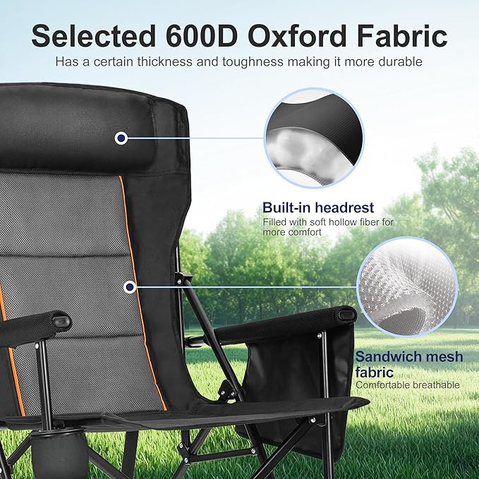 LET'S CAMP Oversized Camping Chairs 29.52" High Back Heavy Duty Lawn Chair Support 500LBS, Portable Collapsible Chair with Cup Holder, Side Pocket(Black)