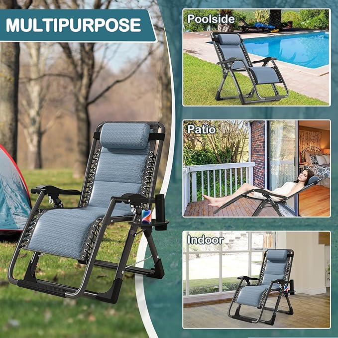 NAIZEA Padded Zero Gravity Chair, Cooling Fabric Folding Outdoor Lounge Chairs, Adjustable Reclining Camping Chairs with Cup Holder, Ergonomic Patio Lawn Chair for Balcony Beach Deck Yard