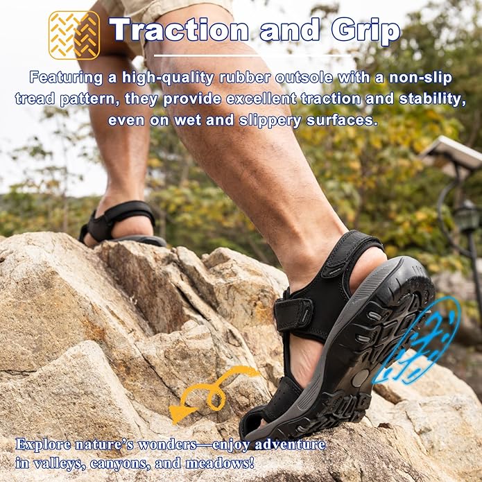 Men's Sport Sandals Closed Toe Leather Hiking Athletic Walking Outdoor Beach Trail River Fishing Water Shoes Lightweight Comfortable Waterproof
