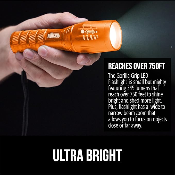 GORILLA GRIP Powerful LED Tactical Flashlight, 750 FT High Lumens 5 Adjustable Modes, Water Resistant, Ultra Bright Zoom Flashlights, Small Mini Flash Light, Camping, Night Dog Walking, Orange