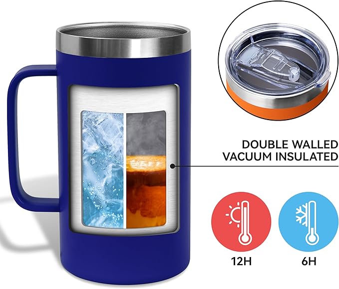 DOMICARE 24oz Mug with Handle and Lid, Stainless Steel Coffee Mug, Travel Mug with Handle, Double Wall Vacuum Coffee Tumbler, Reusable Insulated Cup, Dark Blue, Pack 8