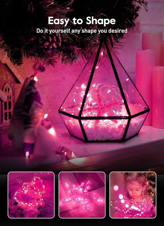 Pink USB Fairy Lights Plug in, 33Feet 100 LEDs Twinkle String Lights with Remote and Timer, Waterproof 8 Modes for Valentine's Day Bedroom Indoor Wreath DIY Wedding Christmas Holiday Decoration