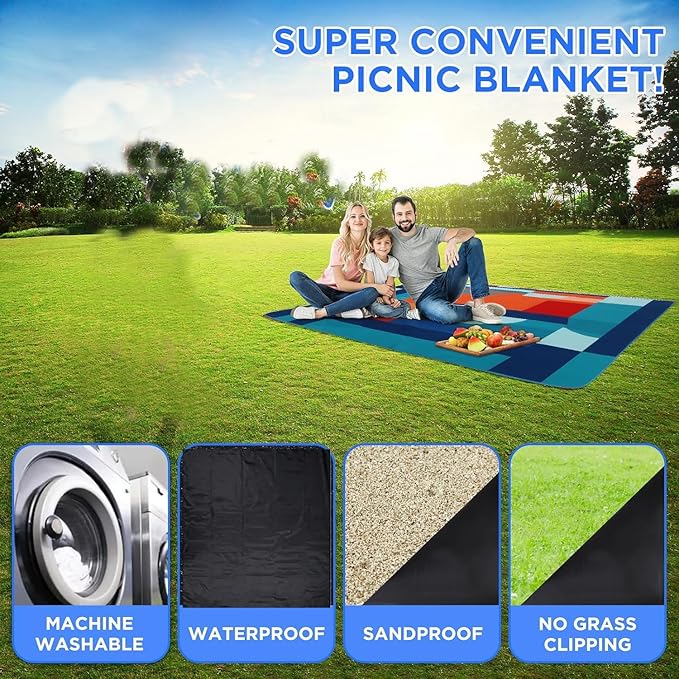 scuddles Compact Picnic Blanket – Extra Large 79" x 59" Outdoor Mat with 3-Layer Waterproof Design, Soft Fleece, Carry Strap & Reinforced Edges for Camping, Beach, Parks & Hiking