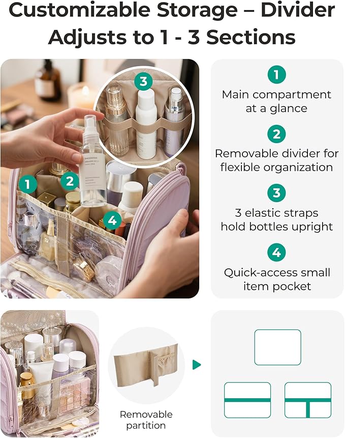 BAGSMART Puffy Travel Makeup Bag, Portable Hanging Toiletry Organizer with Removable Partition, Organizer for Travel-Sized Shampoo, Conditioner, Brushes Set, makeup Accessories, Camel