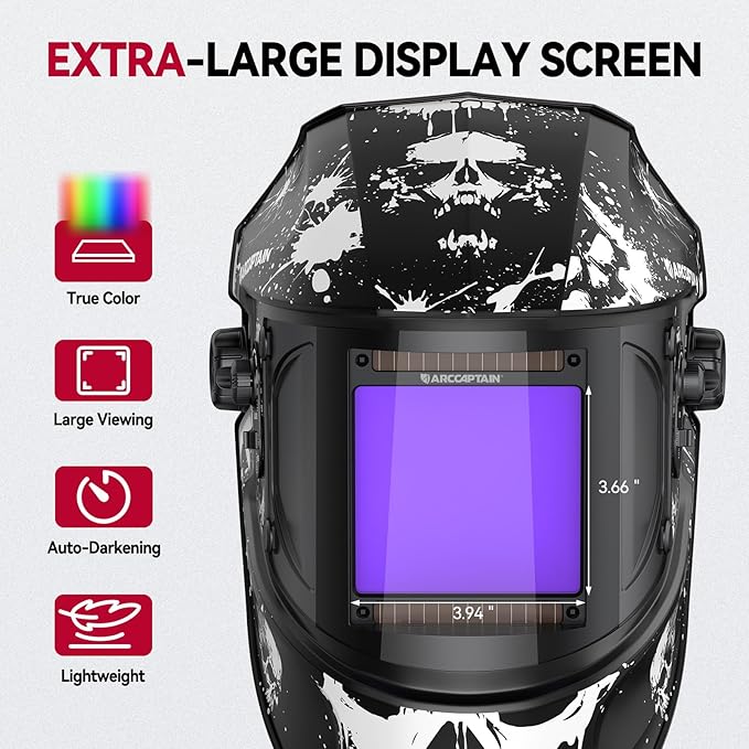 ARCCAPTAIN 3.94"X3.66" Welding Helmet Auto Darkening, 1/1/1/1 Top Optical Clarity Large Viewing Screen Solar Power Welding Hood with 4 Arc Sensor, Wide Shade 4-5/5-9/9-13 for TIG MIG ARC Welding Cut
