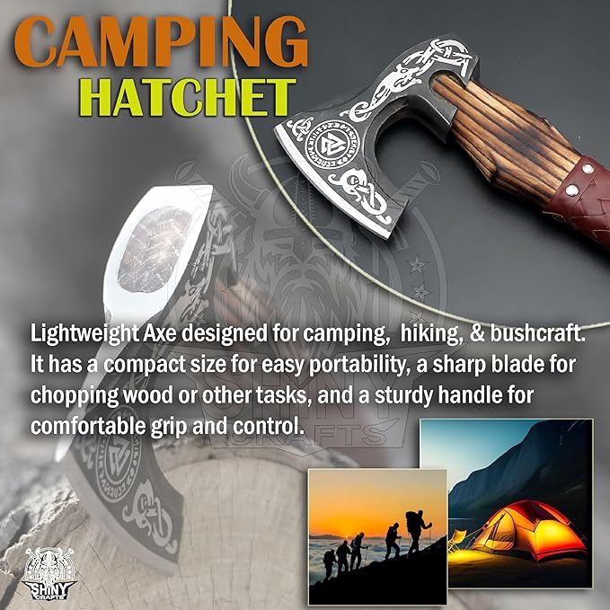 SHINY CRAFTS Viking Axe Mens Axes Hatchet with Leather Sheath - Real Tomahawk for him Valknut Axe Gift for Men Camping Hatchet with Premium Leather Sheath (SCA 07)