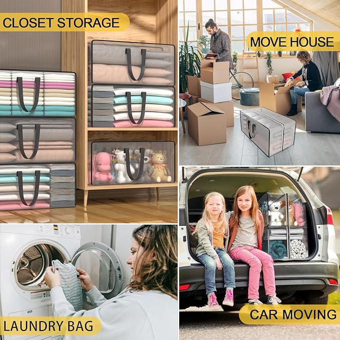 Clear Storage Bags with Zipper, 2 Pack Large Moving Bags Heavy Duty Extra Large, Plastic Storage Totes for Clothes, College dorm Packing Bags with Strong Handles
