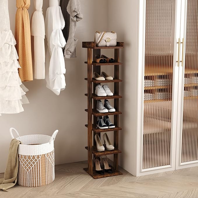 HOMEFORT 7-Tier Wood Shoe Rack, Entryway Shoe Tower,Vertical Shoe Organizer, Wooden Shoe Storage Stand, Rustic Brown